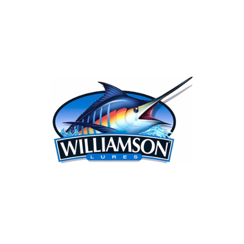 Williamson Lures logo featuring a vibrant blue and orange marlin jumping out of the water, framed within an oval, with the text 'WILLIAMSON' in bold white letters over a dark blue banner and 'LURES' in smaller white text below