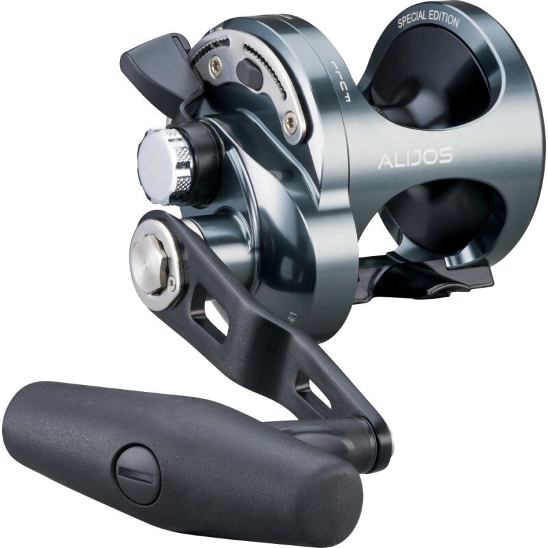 OKUMA Alijos 12 NSII Jigging 2 Speed RH fishing reel with ergonomic handle, sleek metallic finish, and durable construction for saltwater use.
