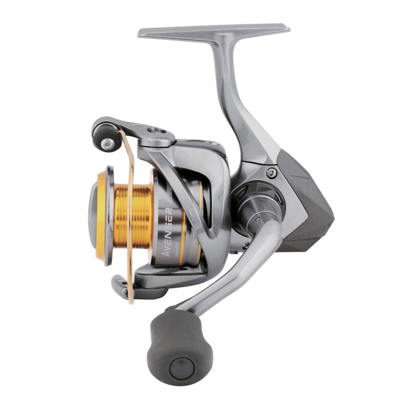 OKUMA Avenger Spin 6000 fishing reel with a sleek silver and gold design, ergonomic handle, and durable construction for versatile fishing needs.