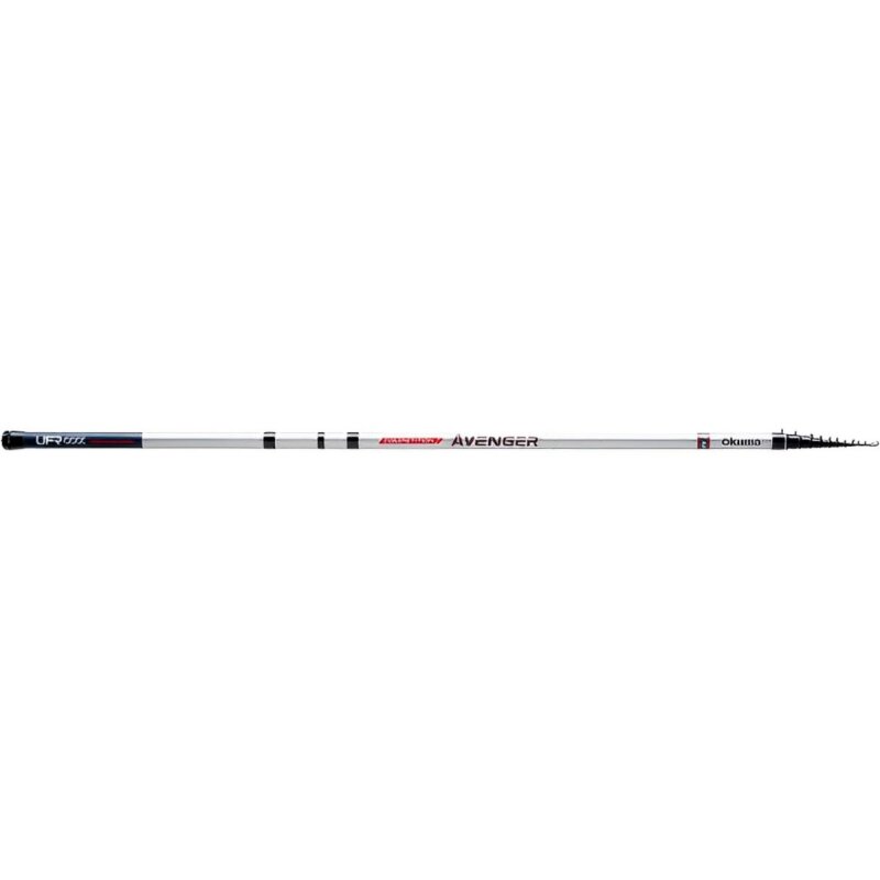 OKUMA Competition Avenger MH 5m fishing rod with a sleek white design, durable construction, and telescopic sections for versatile angling.