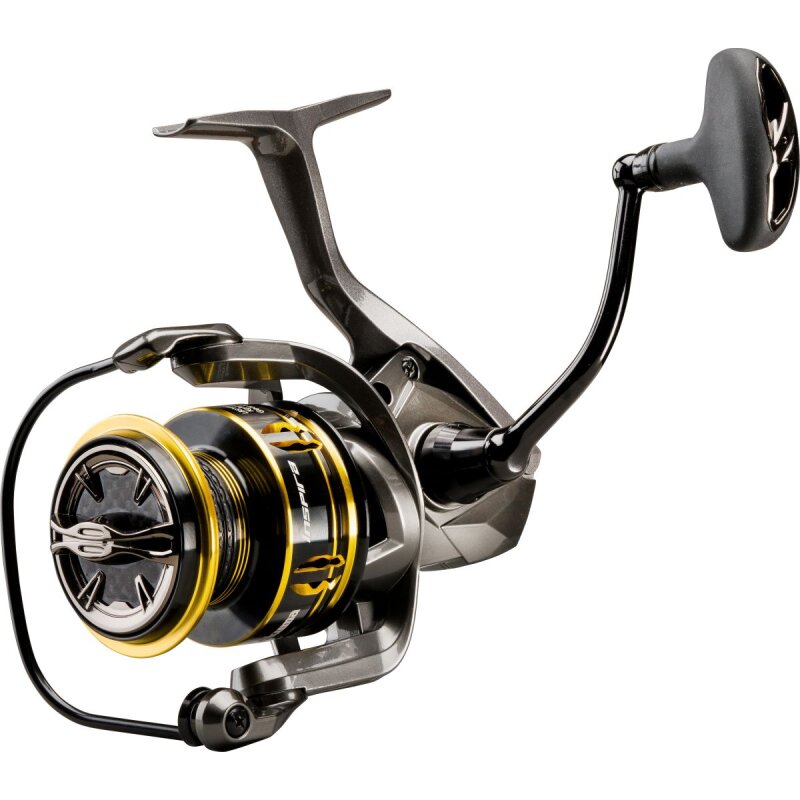 OKUMA Inspira Spin Shallow Spool 2500SA fishing reel with sleek black and gold design, lightweight frame, and ergonomic handle for precision angling.