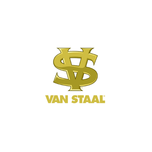 Van Staal logo featuring a gold interlocking 'VS' emblem above bold gold text, representing a premium brand known for high-performance, durable fishing reels designed for saltwater anglers