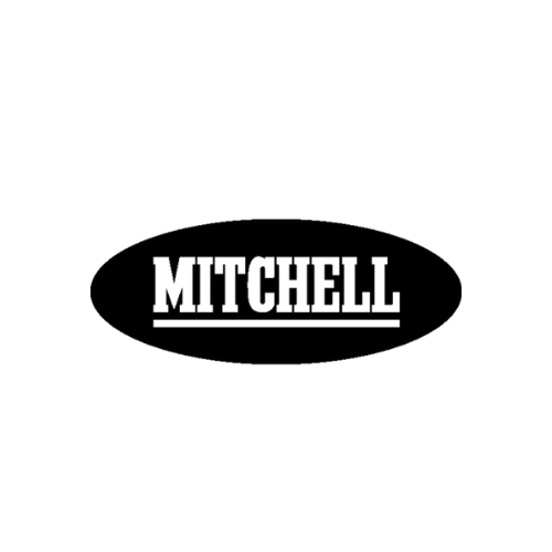 Mitchell logo featuring bold white text inside a black oval, representing a historic brand known for its high-quality fishing reels, rods, and gear designed for both beginner and experienced anglers
