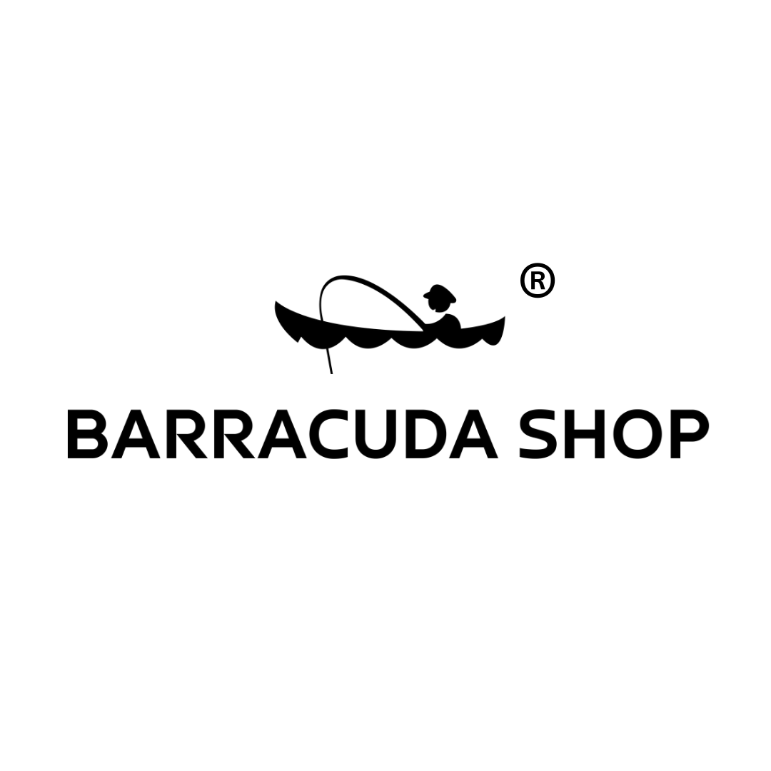 Man wearing a black Barracuda Brand t-shirt with folded arms, featuring a minimalistic white fishing hook logo on the chest, symbolizing high-quality fishing apparel designed for anglers