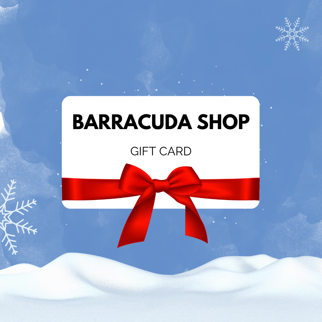 Barracuda Shop Gift Card with a red ribbon on a snowy blue background featuring snowflakes, ideal for gifting.
