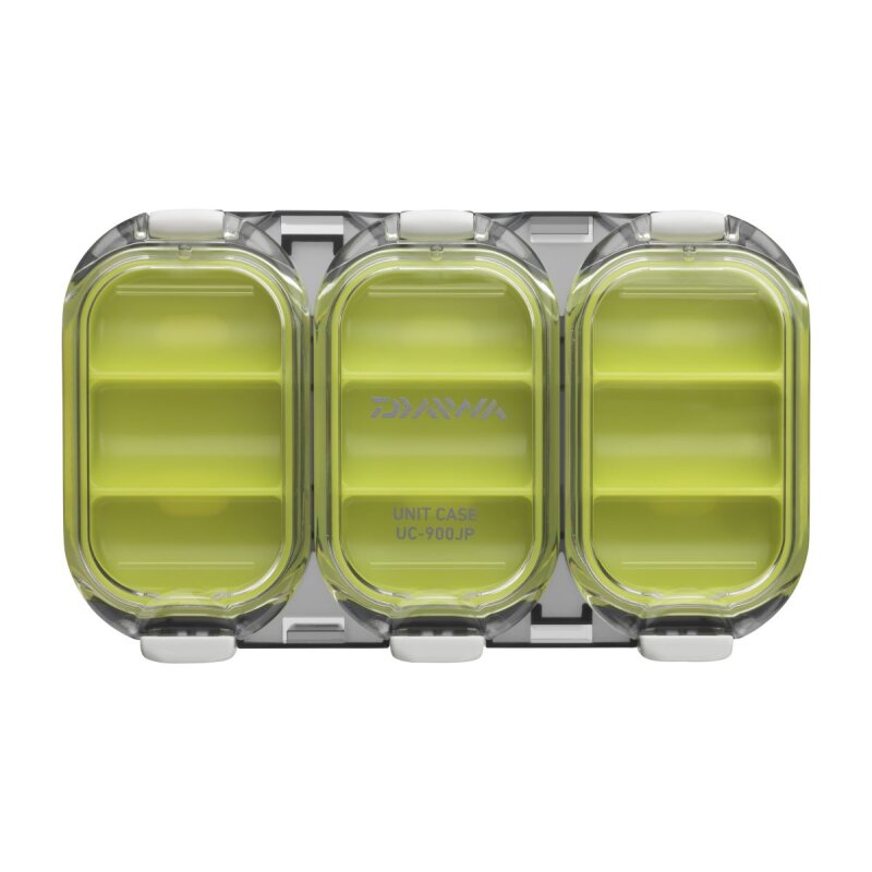 DAIWA Box Waterproof Sealed with 9 compartments, shallow design measuring 11x6.5x1.3cm in green smoke color. Ideal for organizing small items in bags and luggage.