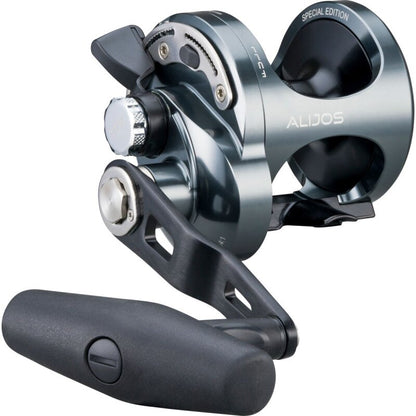 OKUMA Alijos 12 II Jigging 2 Speed RH fishing reel with ergonomic handle, durable metal construction, and sleek silver finish.