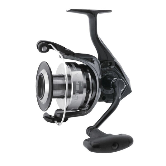 OKUMA Altera Spin 55 fishing reel with sleek black and silver design, ergonomic handle, and durable construction for freshwater and saltwater use.
