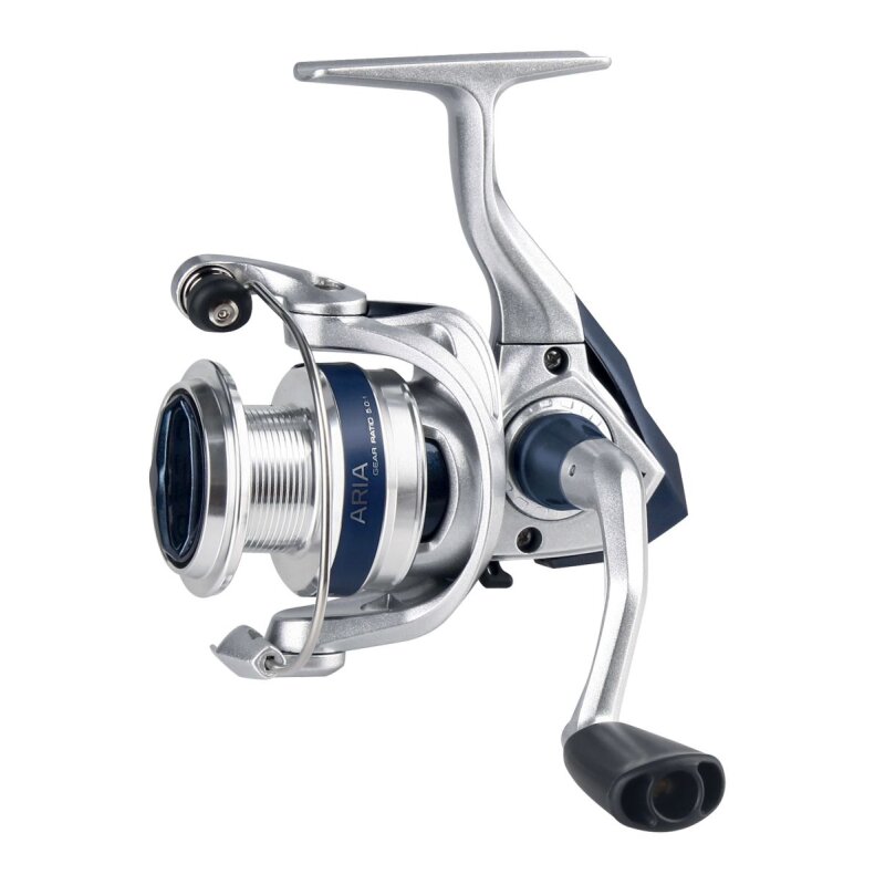 OKUMA Aria 'A' Spin C4000A fishing reel with a sleek silver and blue design, featuring a durable handle and smooth spinning mechanism.