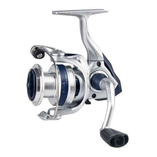 OKUMA Aria 'A' Spin C4000A fishing reel with a sleek silver and blue design, featuring a durable handle and smooth spinning mechanism.