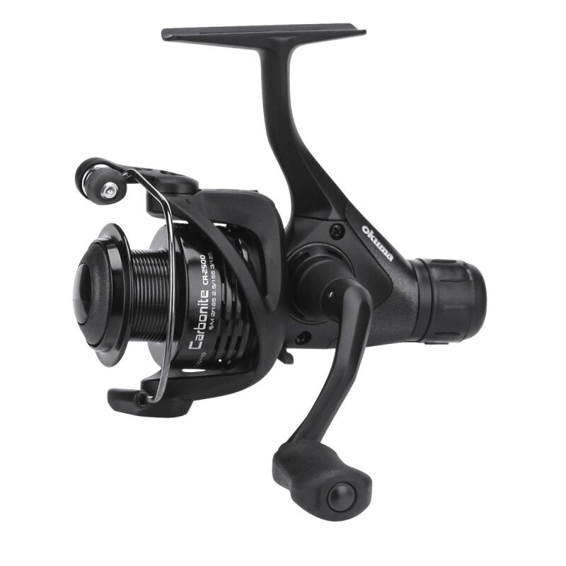 OKUMA Carbonite RD Spin 2500 fishing reel with sleek black design, ergonomic handle, and durable construction for versatile angling.