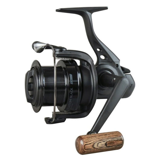 OKUMA Custom Black Spin 80 fishing reel with sleek black design, wooden handle grip, and durable metal construction for smooth performance.