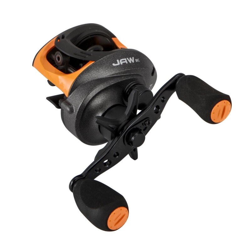 OKUMA Jaw Baitcast Low Profil J101A LH fishing reel with ergonomic handle, sleek black and orange design, and durable construction.